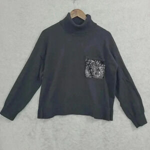 Dkny Womens L Black Turtleneck Sweater Sequin Pocket 24CT